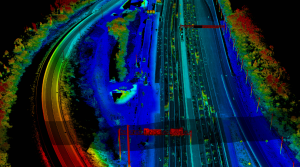 A lidar image of a roadway.