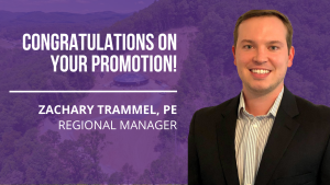 A graphic with a headshot of McKim & Creed employee Zachary Trammel wearing a white button-down shirt and a dark sport coat. Text reads Congratulations on your Promotion! Zachary Trammel, PE Regional Manager