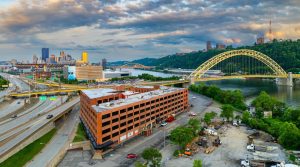 An aerial view of Pittsburgh Historic Cardello Building, home to McKim & Creed as of November 2025.